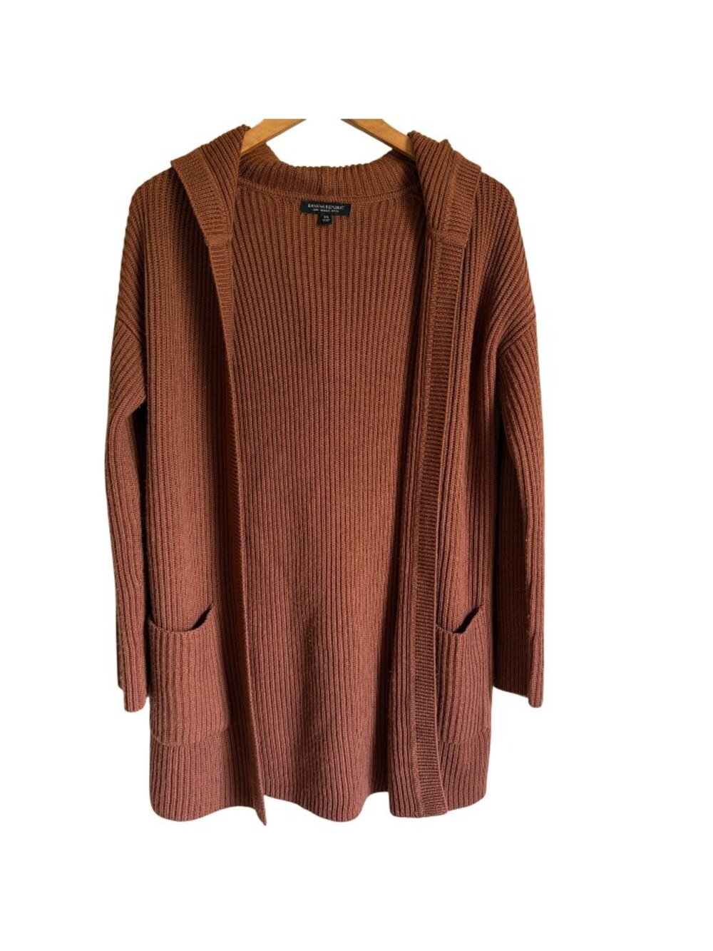 Banana Republic XS Brown Ribbed Cardigan 100% Merino Wool Open Hooded Pockets
